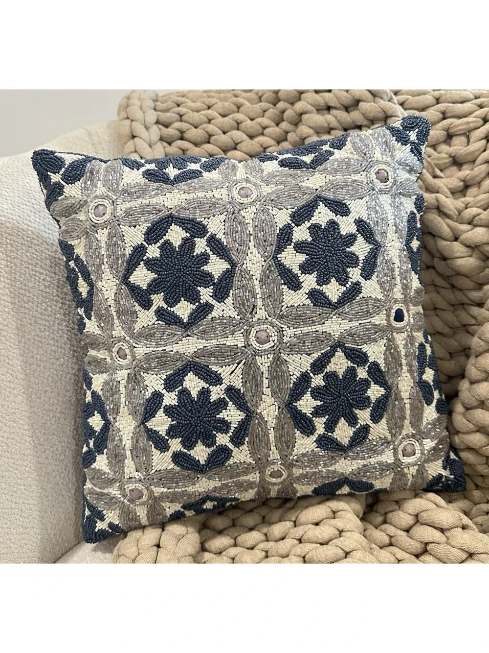 Pier 1 Imports Throw Pillow 13” Square Blue White Silver Beaded Geometric